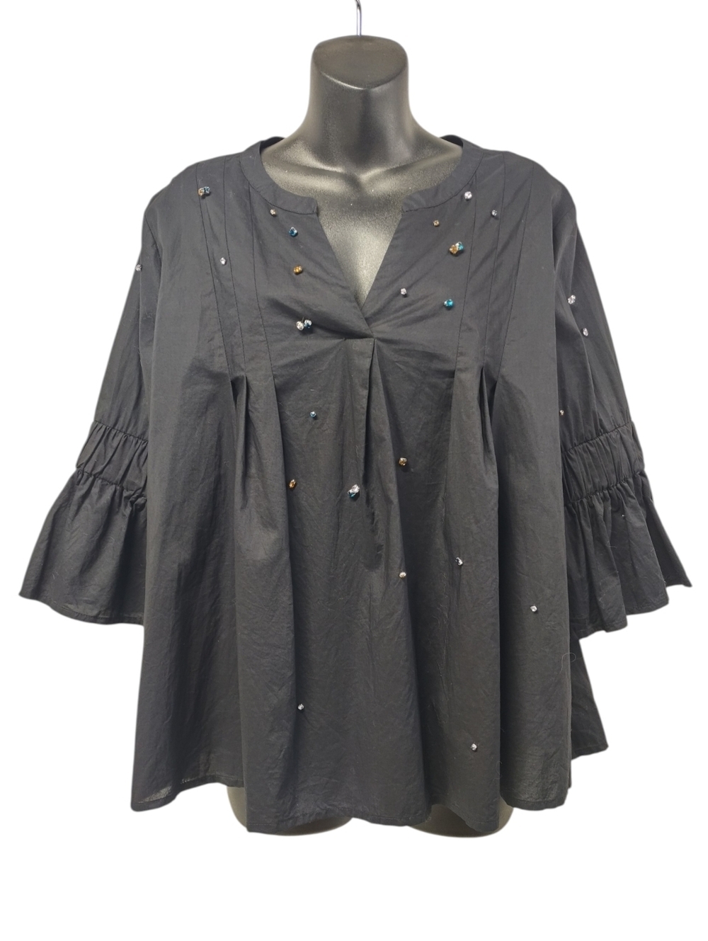 a.n.a Black Rhinestone Embellished 100% Cotton Bell Sleeve Top Blouses L NWOT